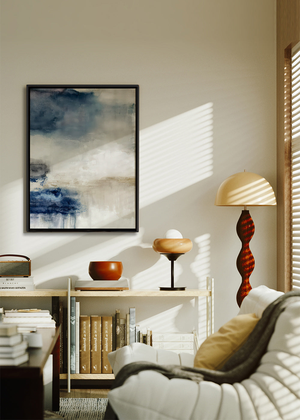 Abstract painting in blue and beige