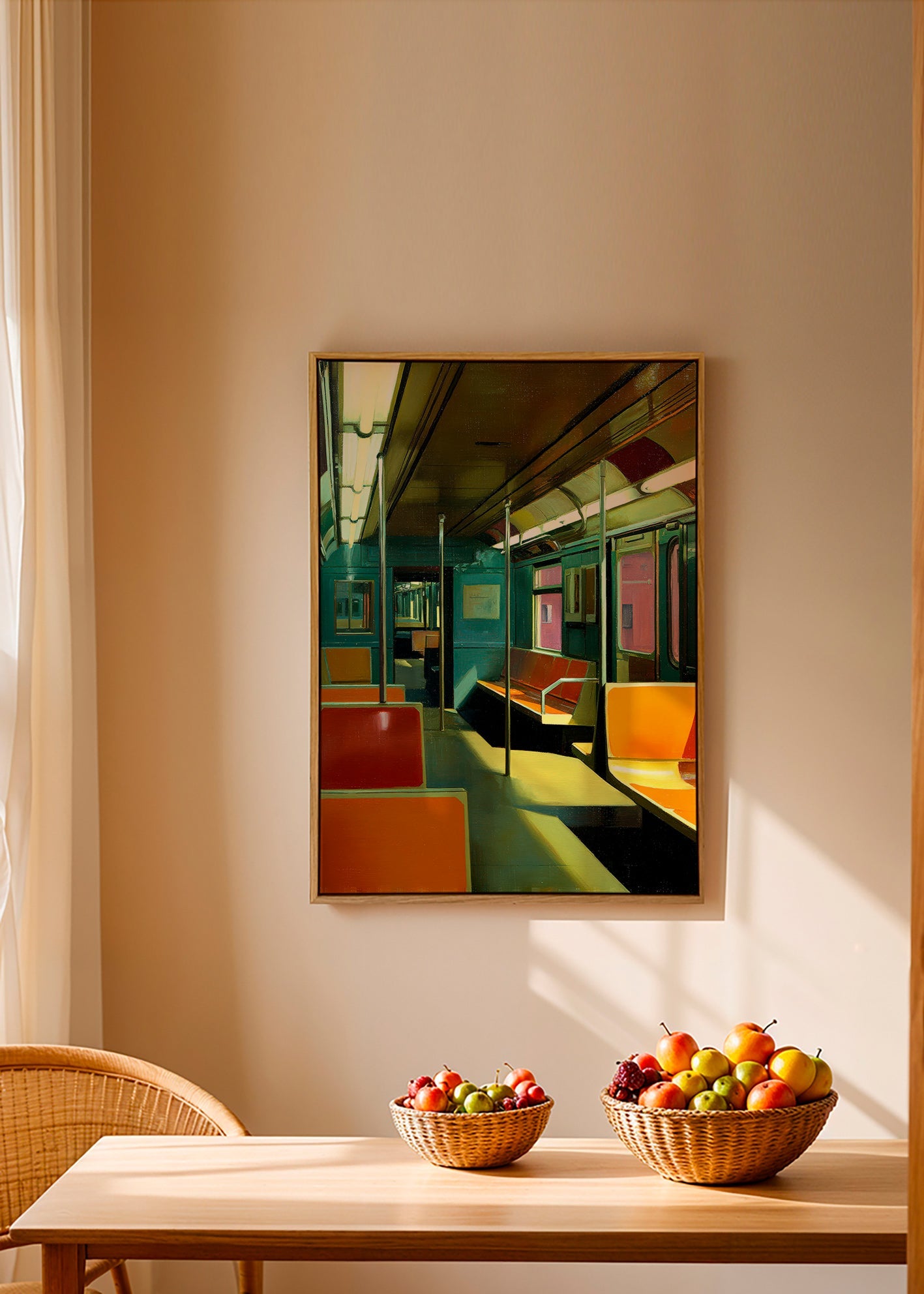 Travel poster: empty subway carriage in warm light