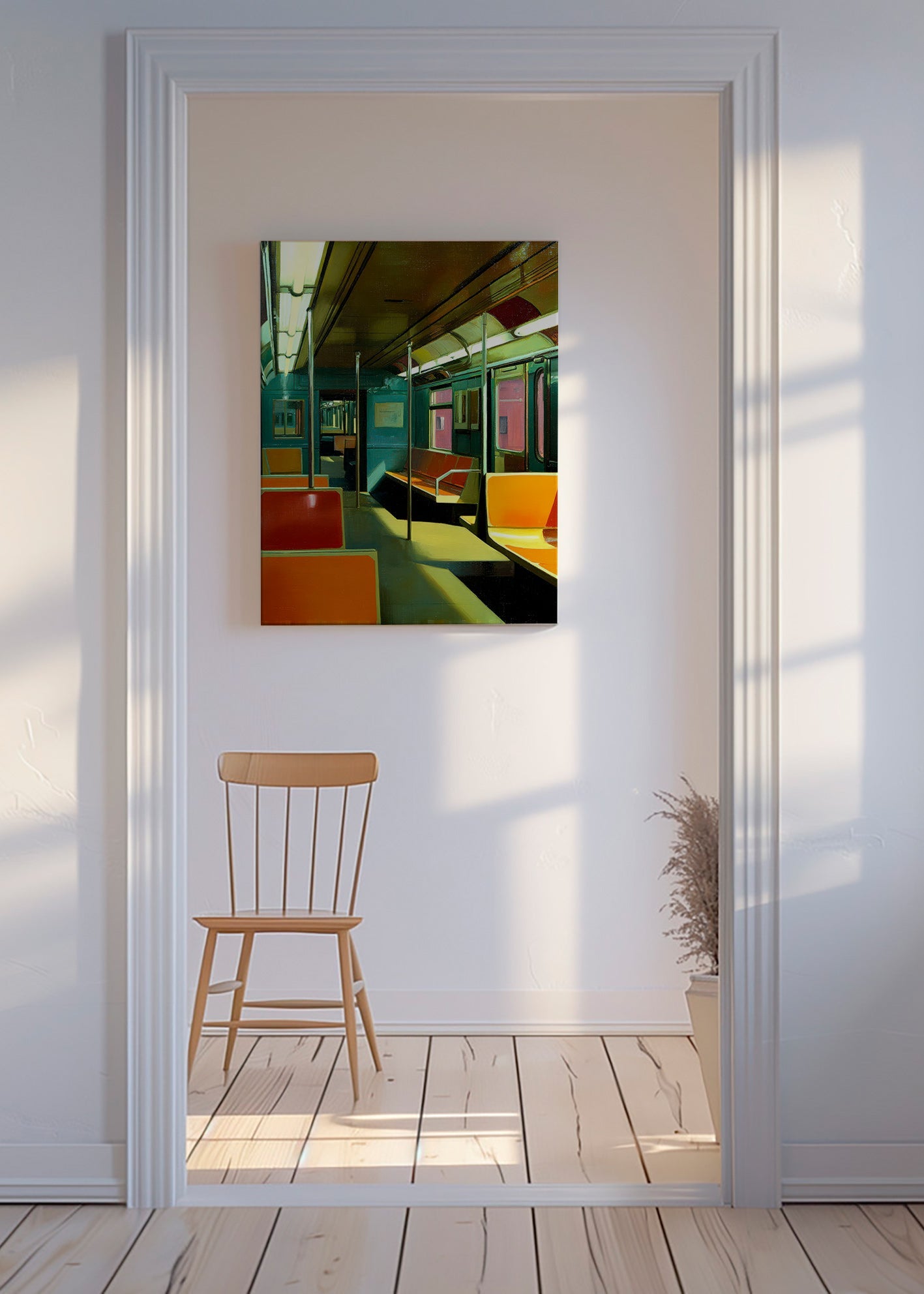 Travel poster: empty subway carriage in warm light