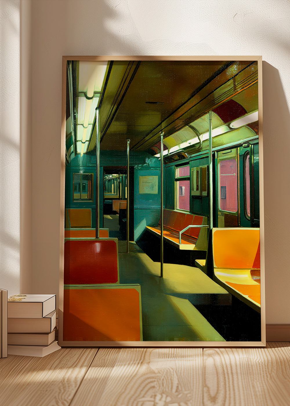 Travel poster: empty subway carriage in warm light
