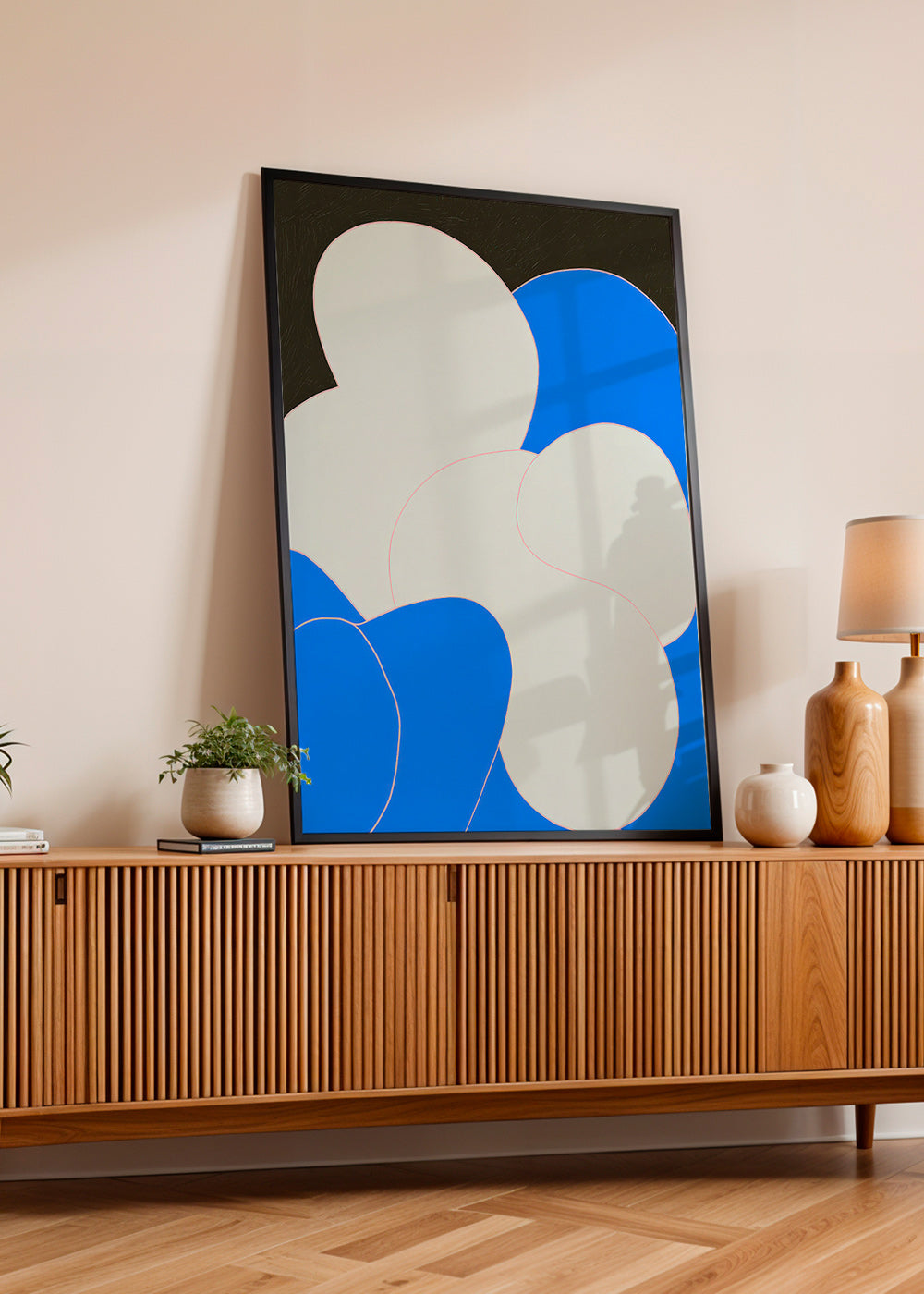 Abstract artwork: organic blue and white forms