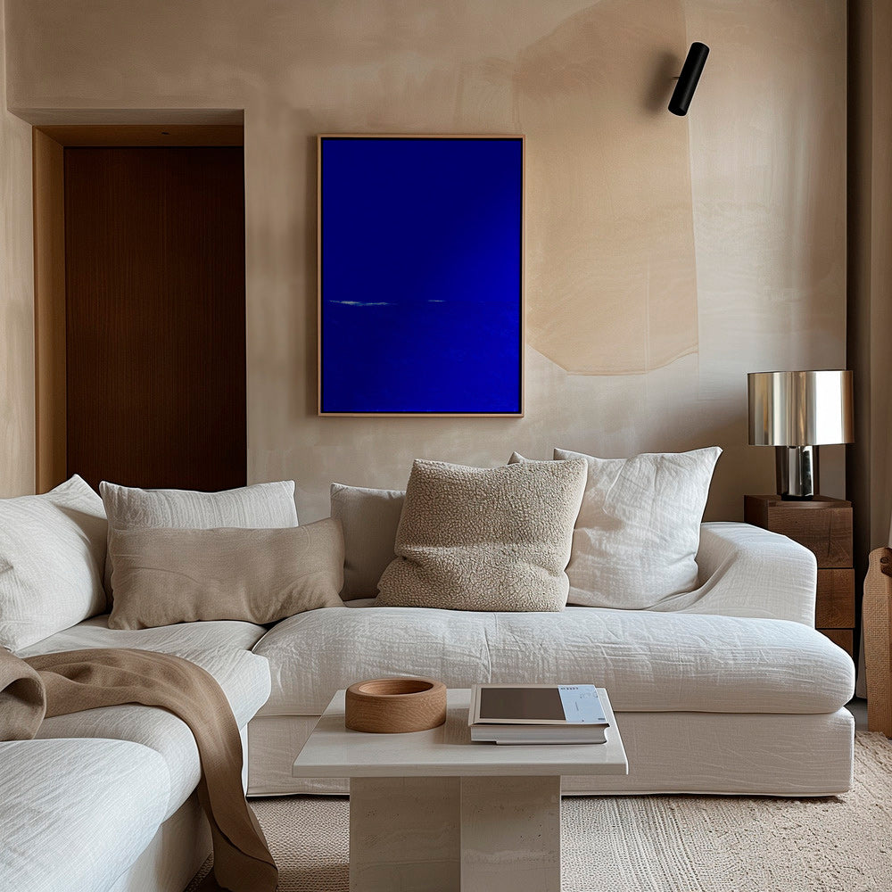 Blue abstract artwork with subtle horizon