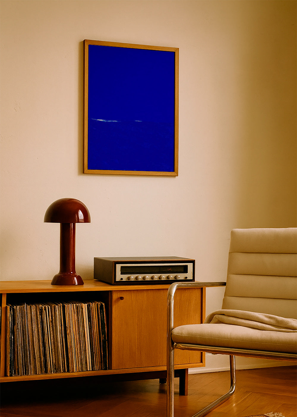 Blue abstract artwork with subtle horizon