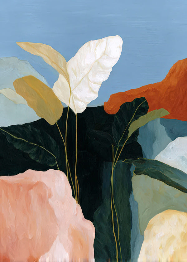 Botanical print with white leaves and rock forms
