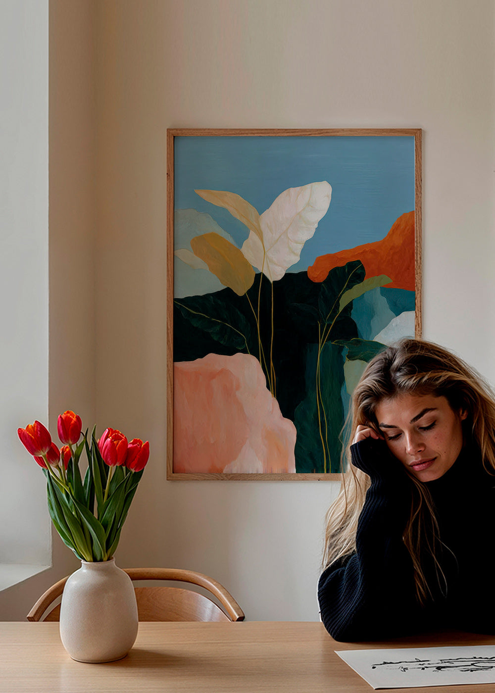 Botanical print with white leaves and rock forms