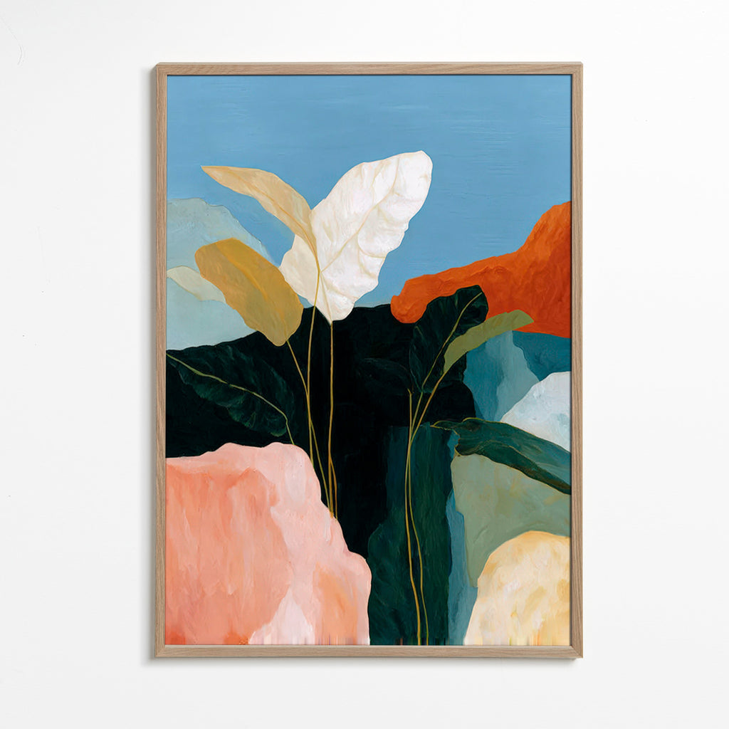 Botanical print with white leaves and rock forms
