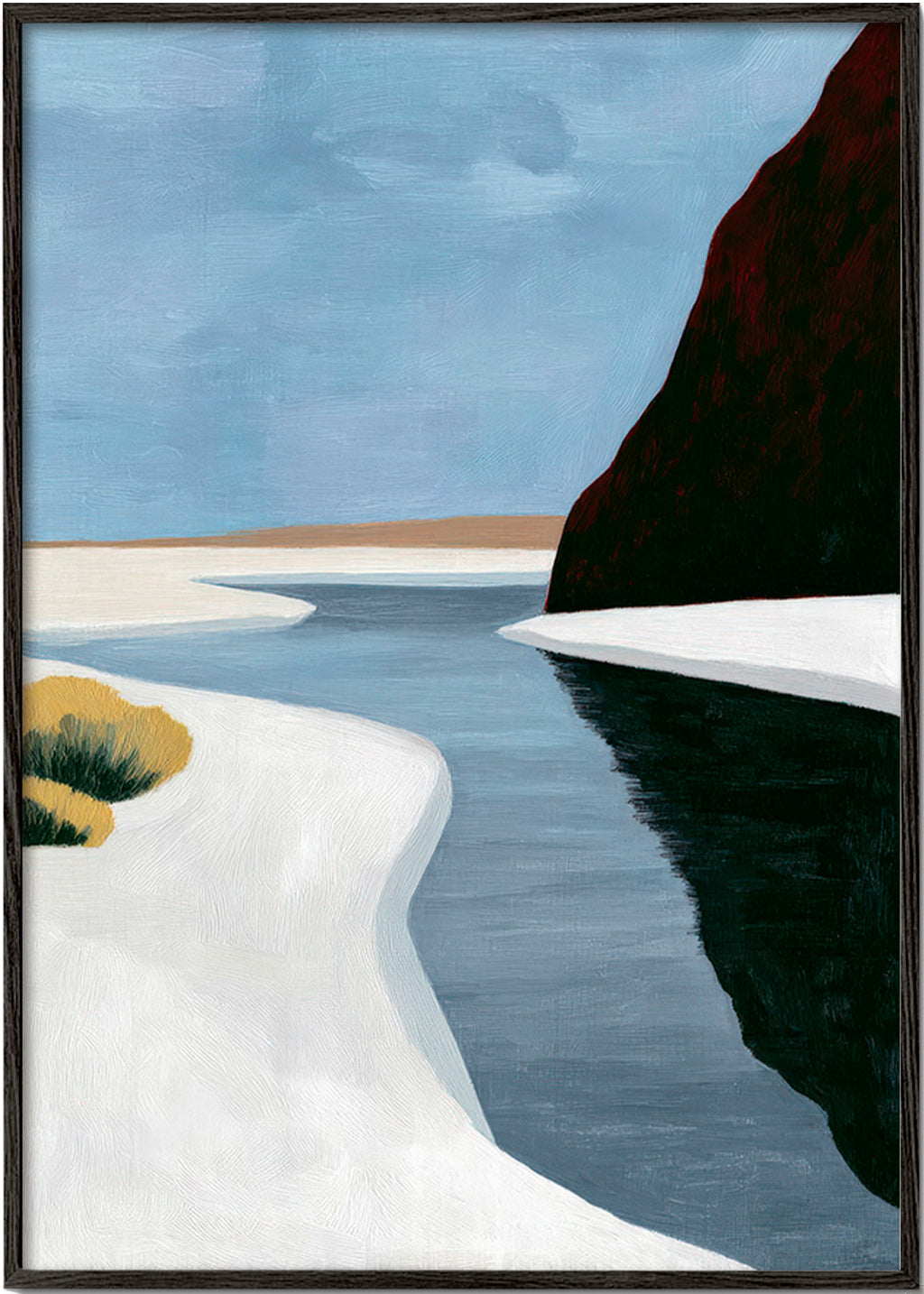 Landscape art: minimal estuary with dark cliff
