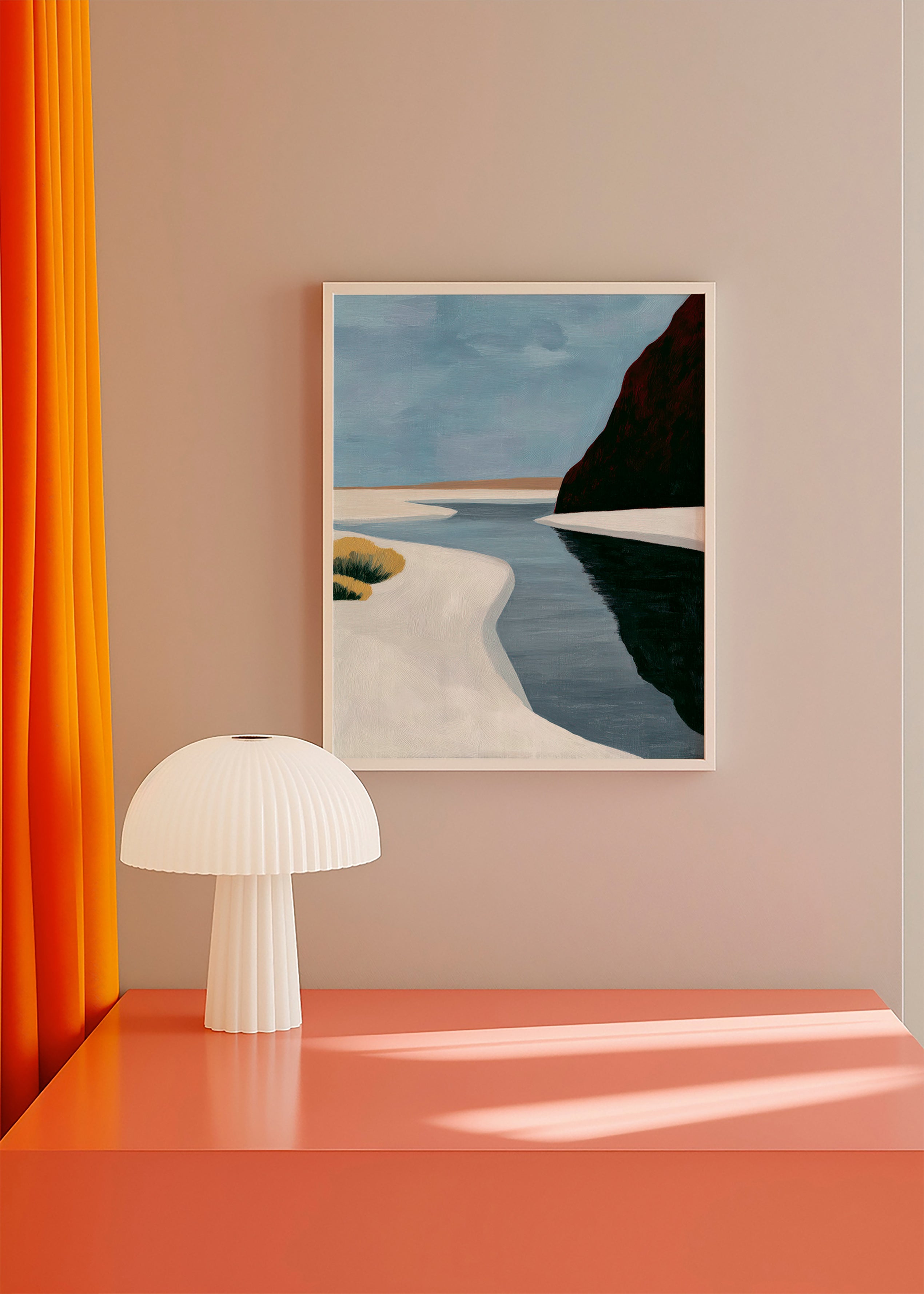 Landscape art: minimal estuary with dark cliff