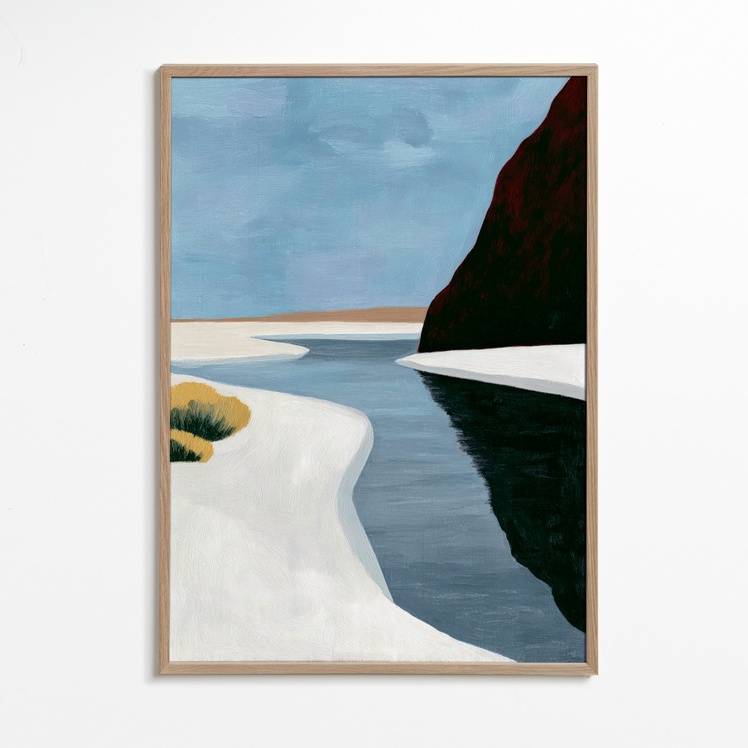 Landscape art: minimal estuary with dark cliff