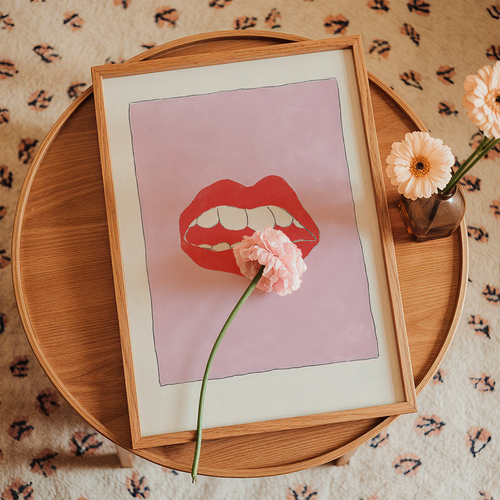 Red lips illustration on pink background