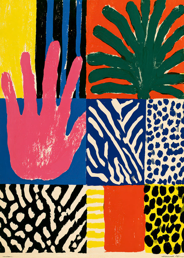 Botanical print with graphic hand motif