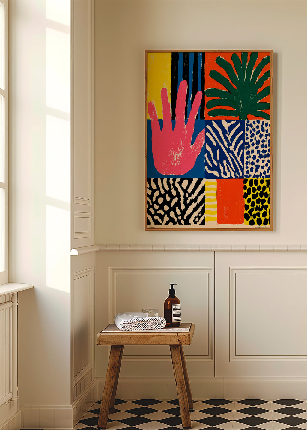 Botanical print with graphic hand motif