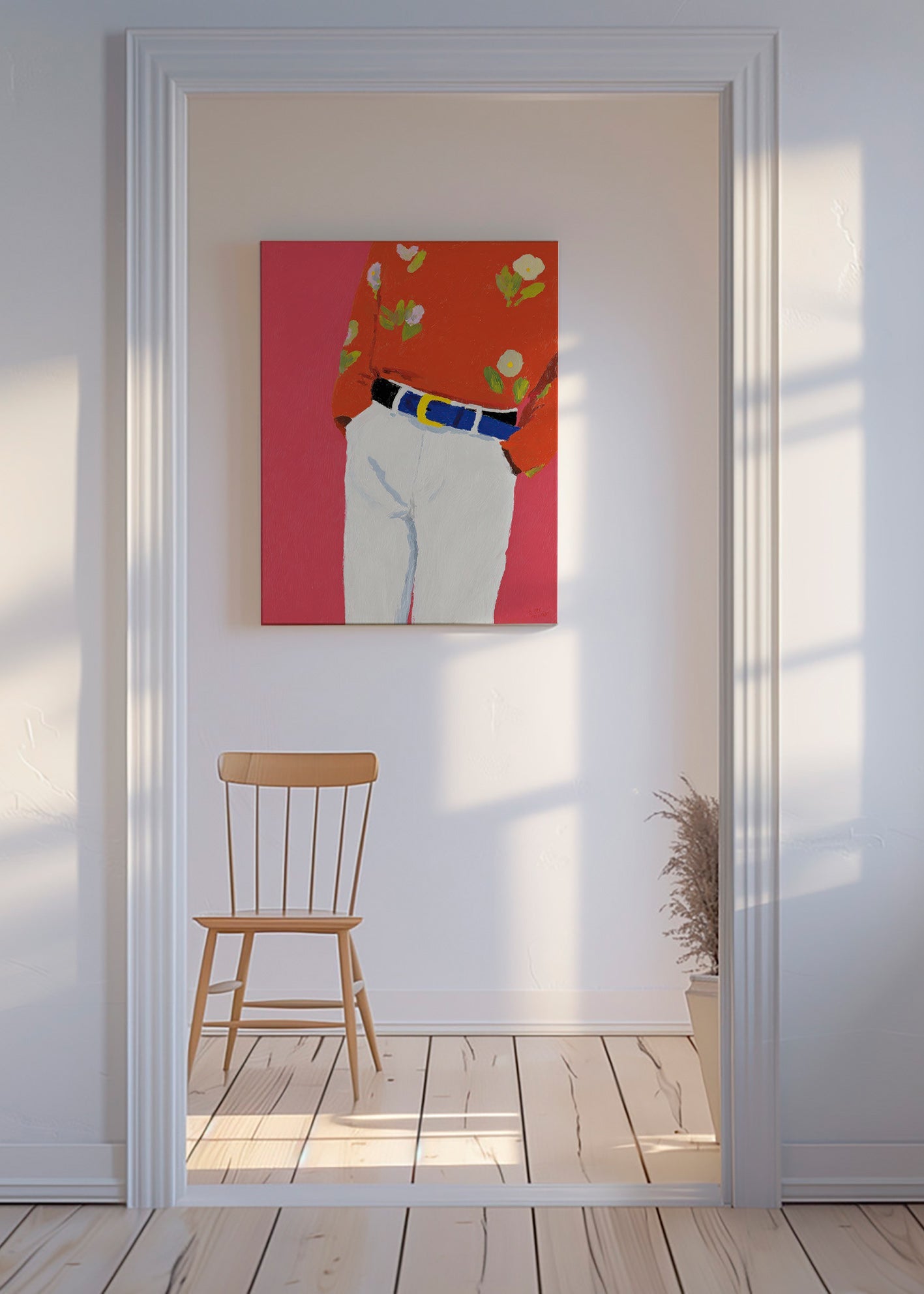 Illustration of torso with floral shirt on pink background