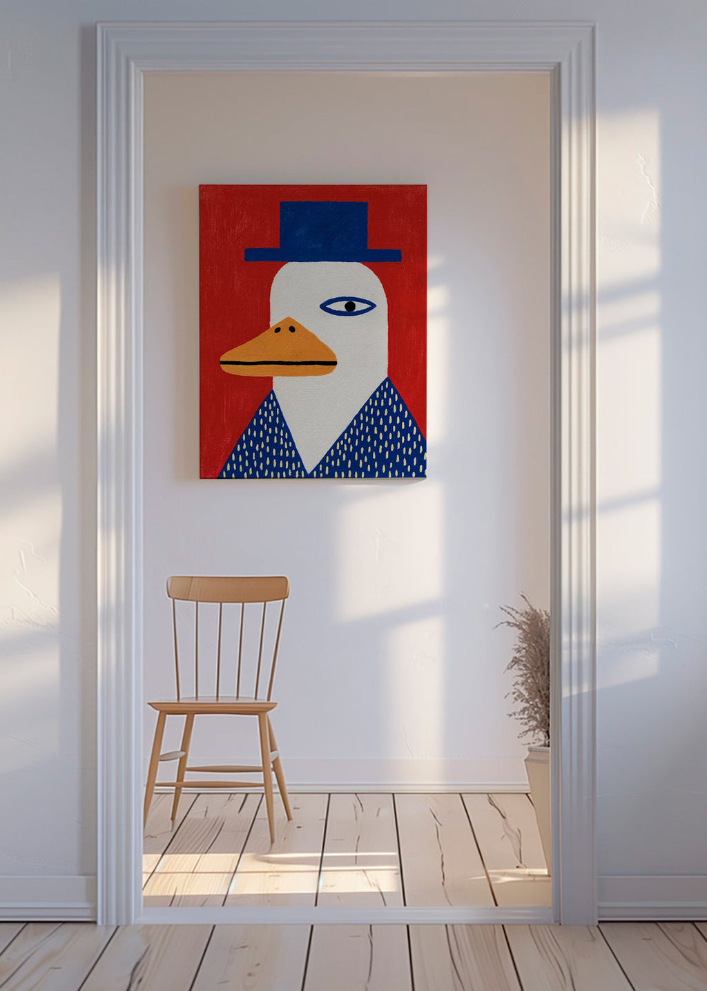 Duck portrait with blue hat