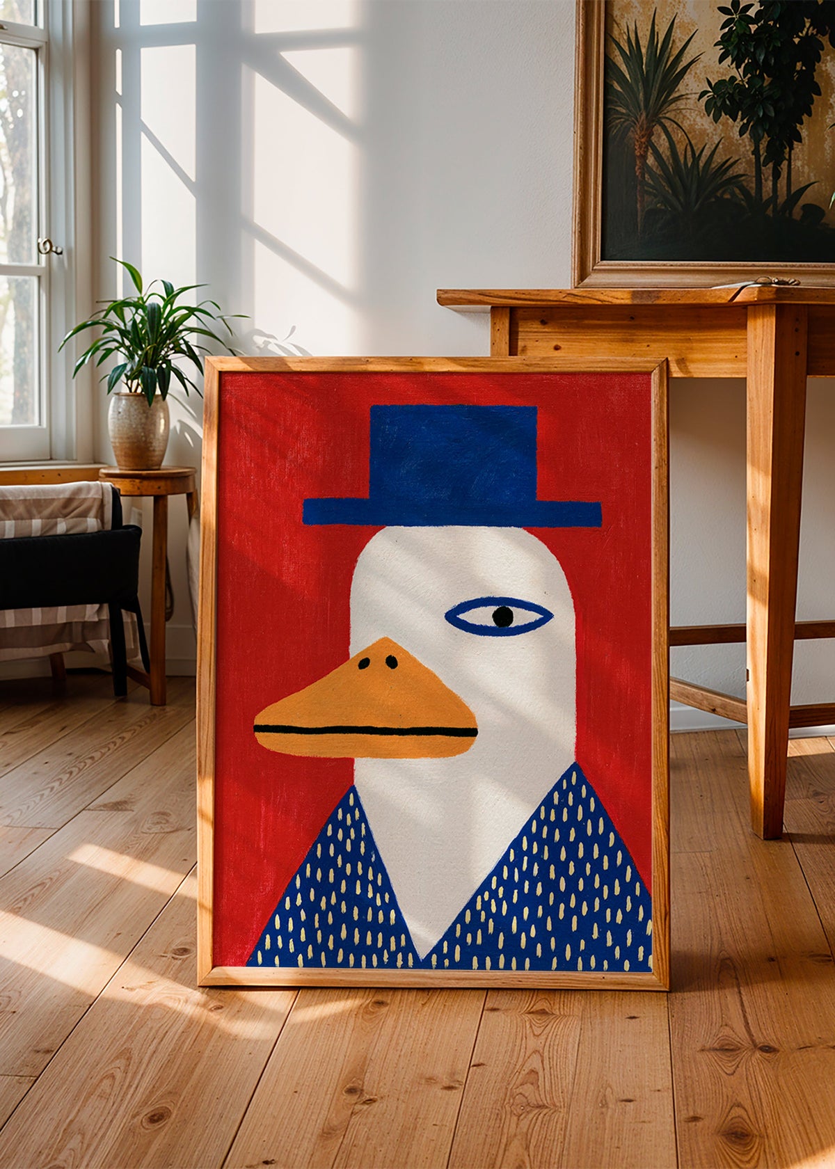 Duck portrait with blue hat