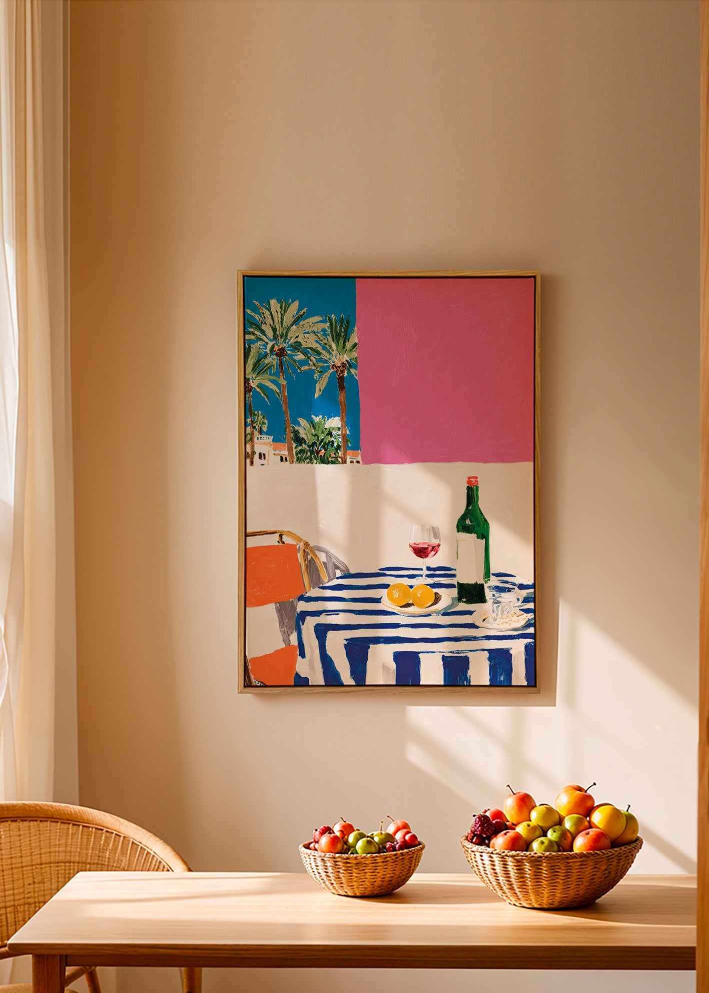 Kitchen art with striped table, wine and palms
