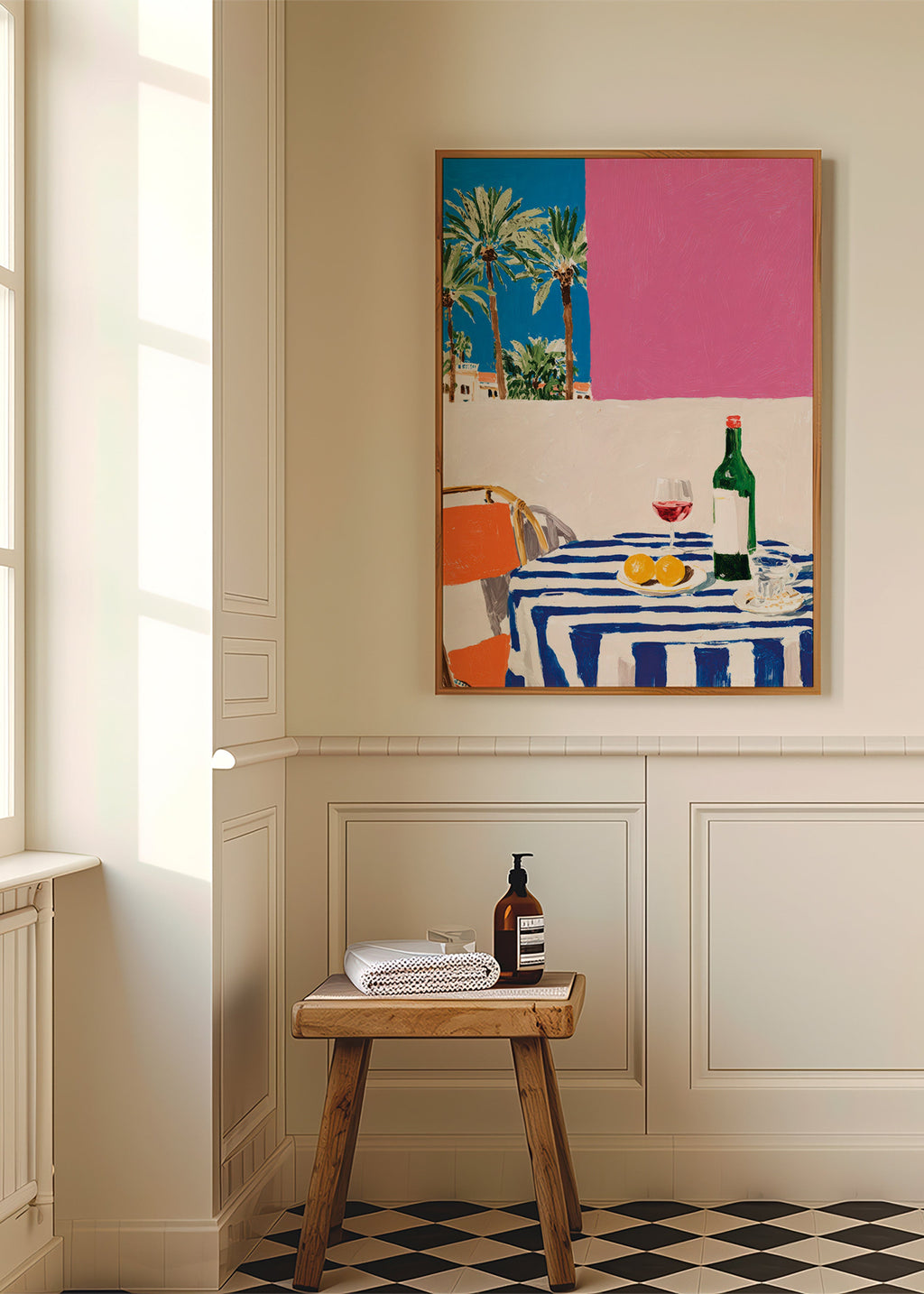 Kitchen art with striped table, wine and palms