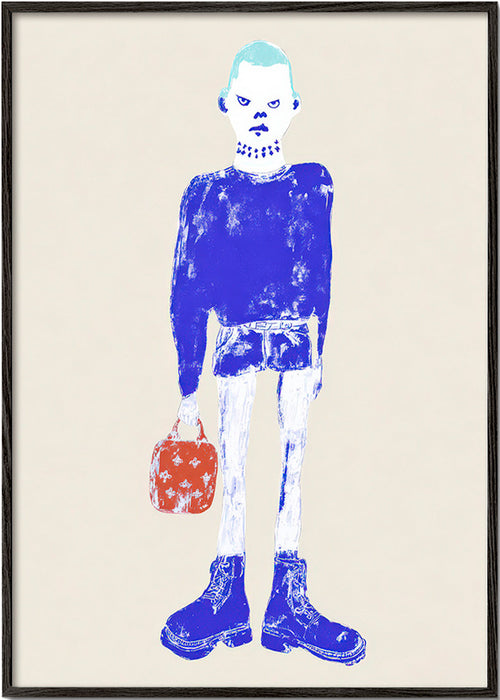 Blue figure illustration with bag