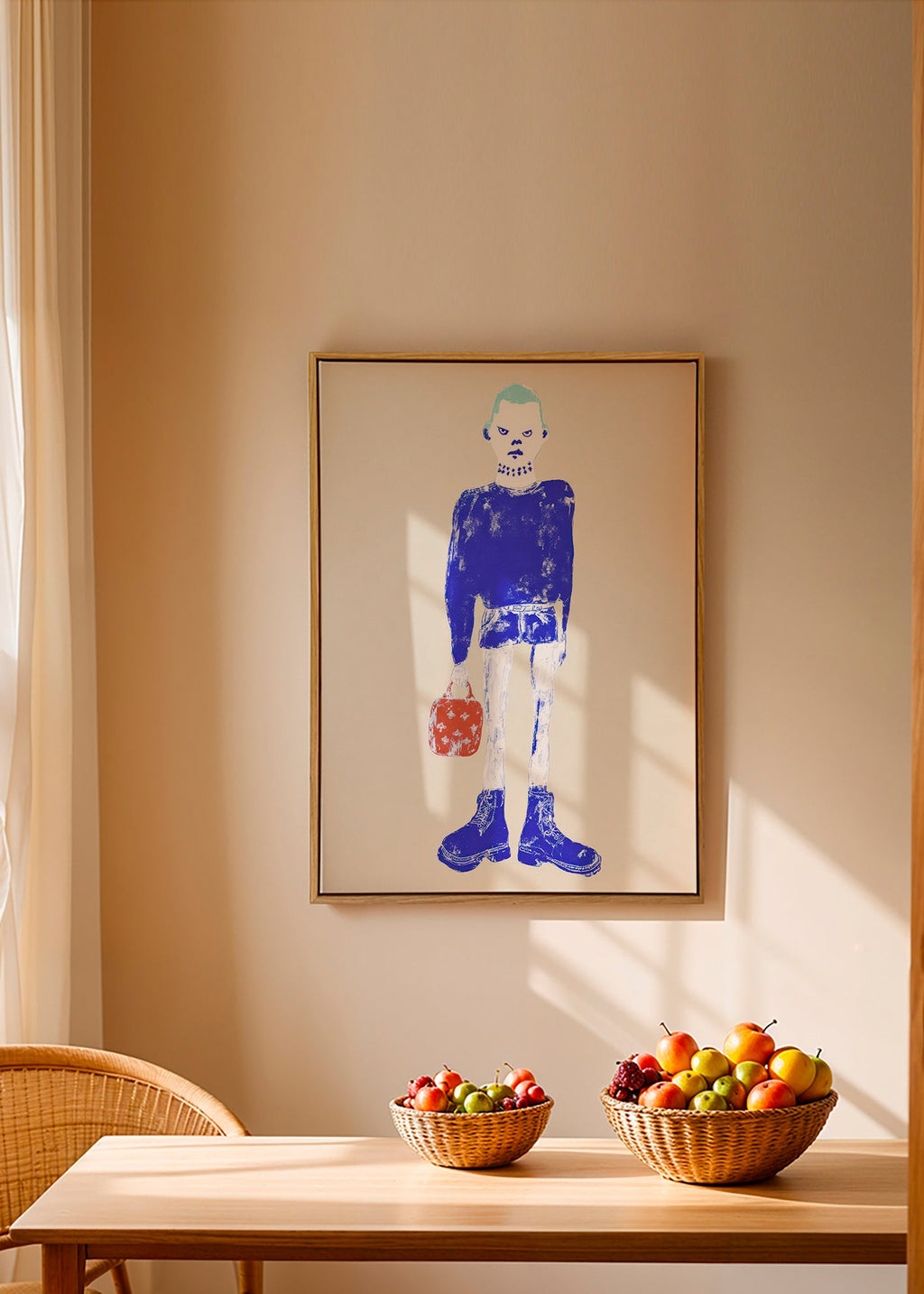 Blue figure illustration with bag