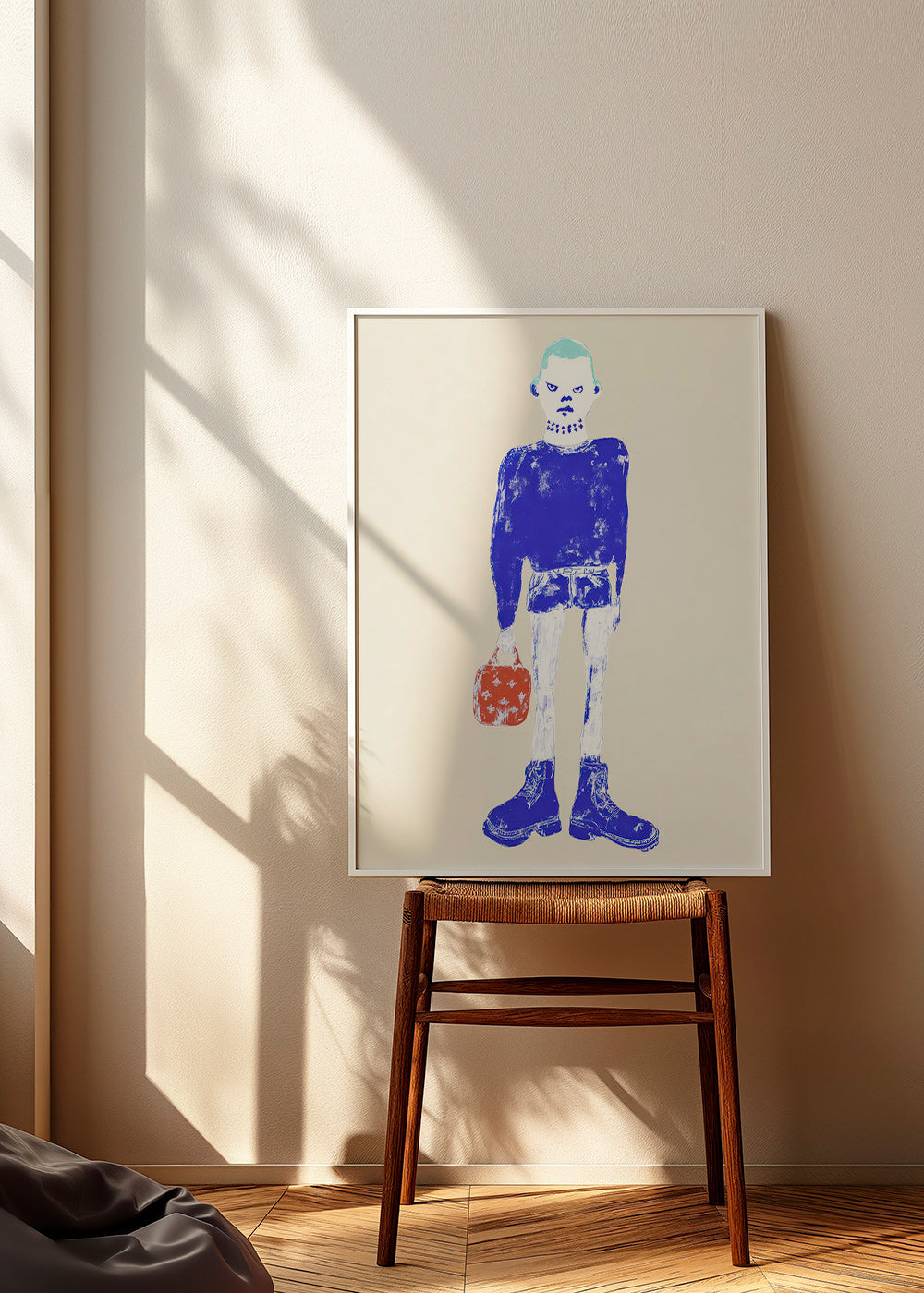 Blue figure illustration with bag