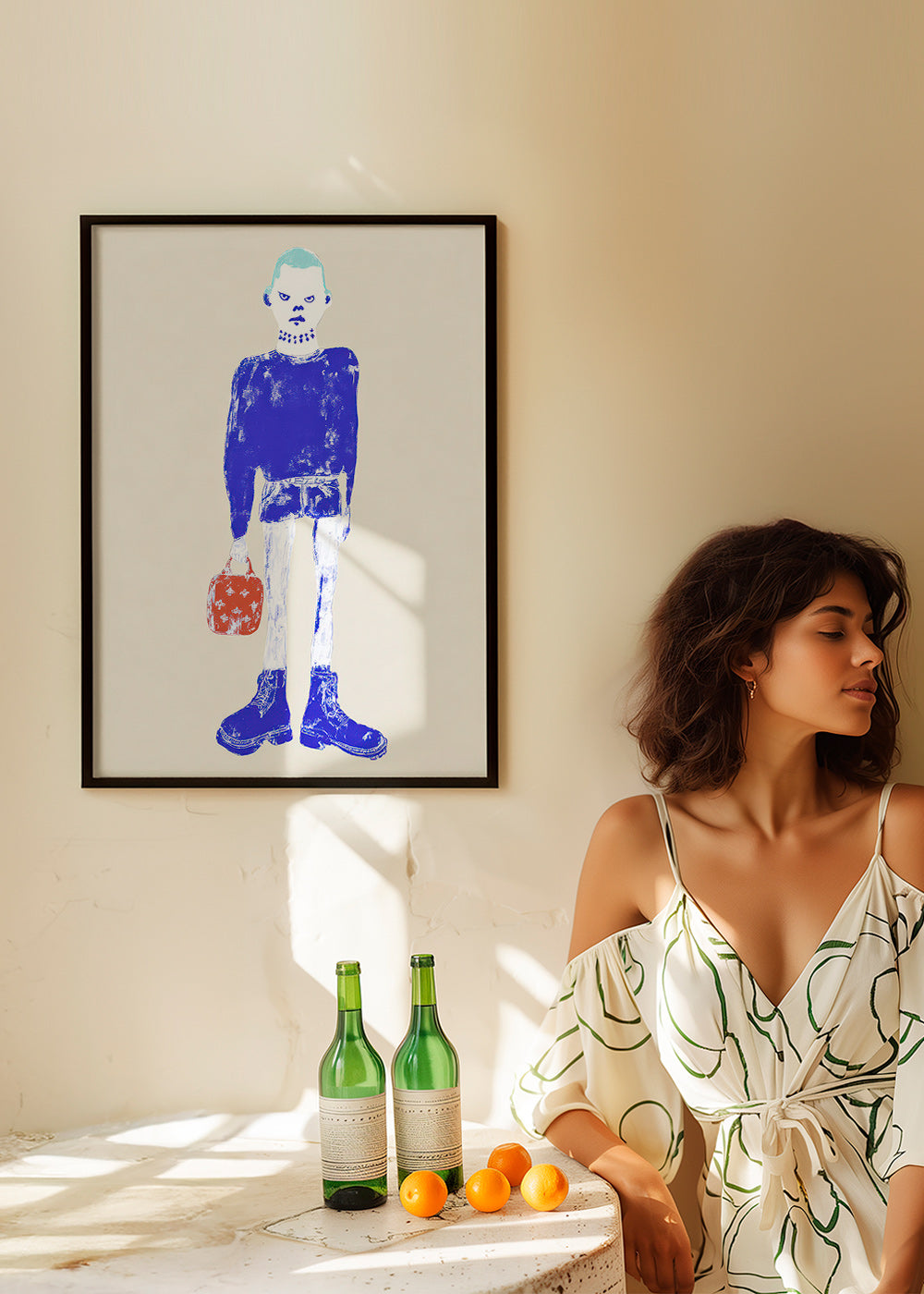 Blue figure illustration with bag