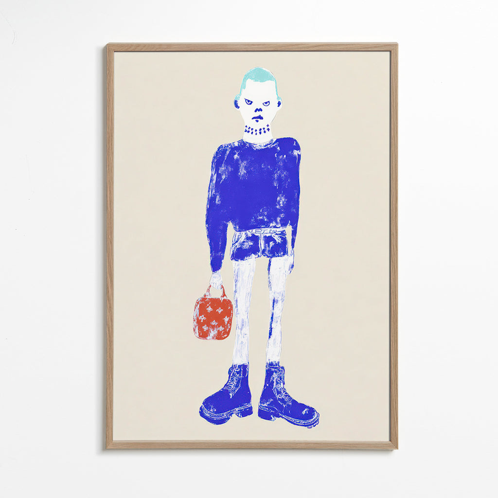 Blue figure illustration with bag