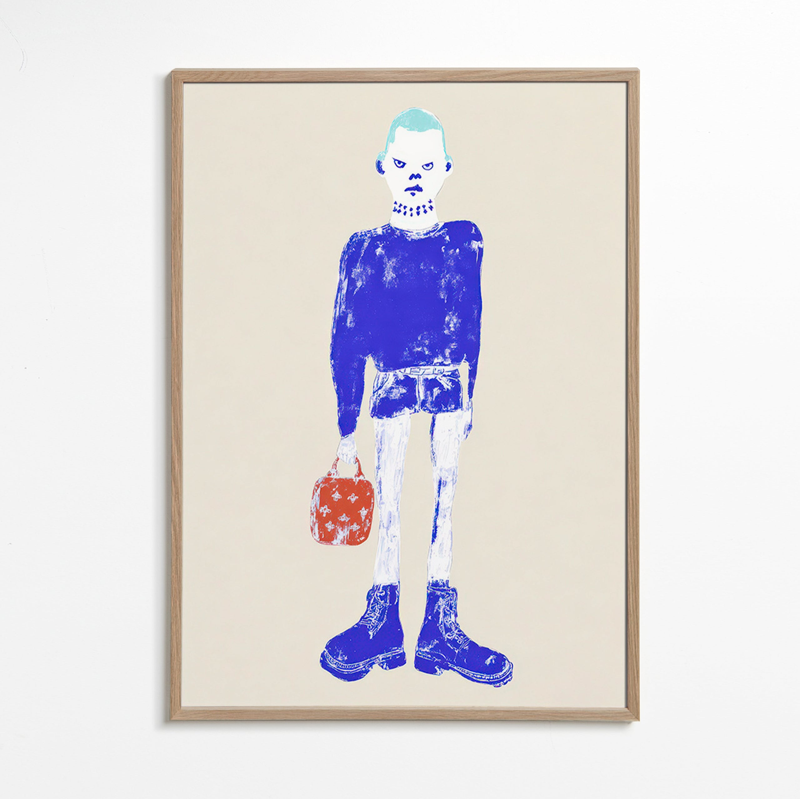 Blue figure illustration with bag