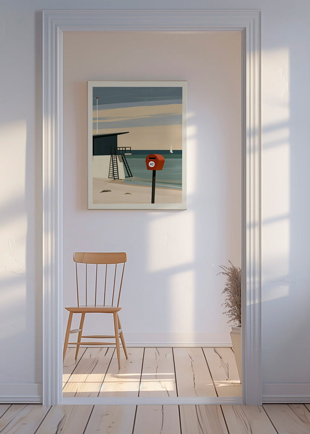 Landscape art with lifeguard hut and red postbox