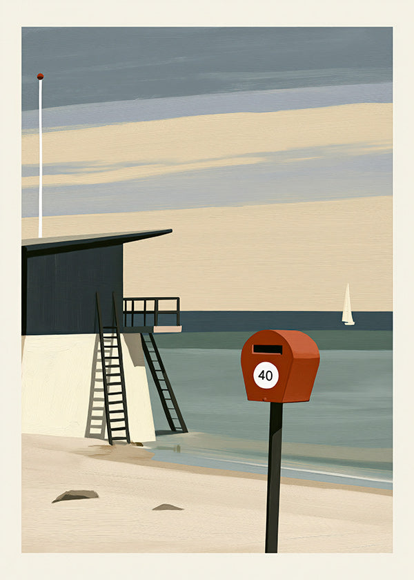Landscape art with lifeguard hut and red postbox