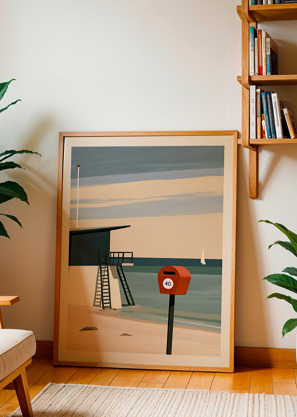 Landscape art with lifeguard hut and red postbox