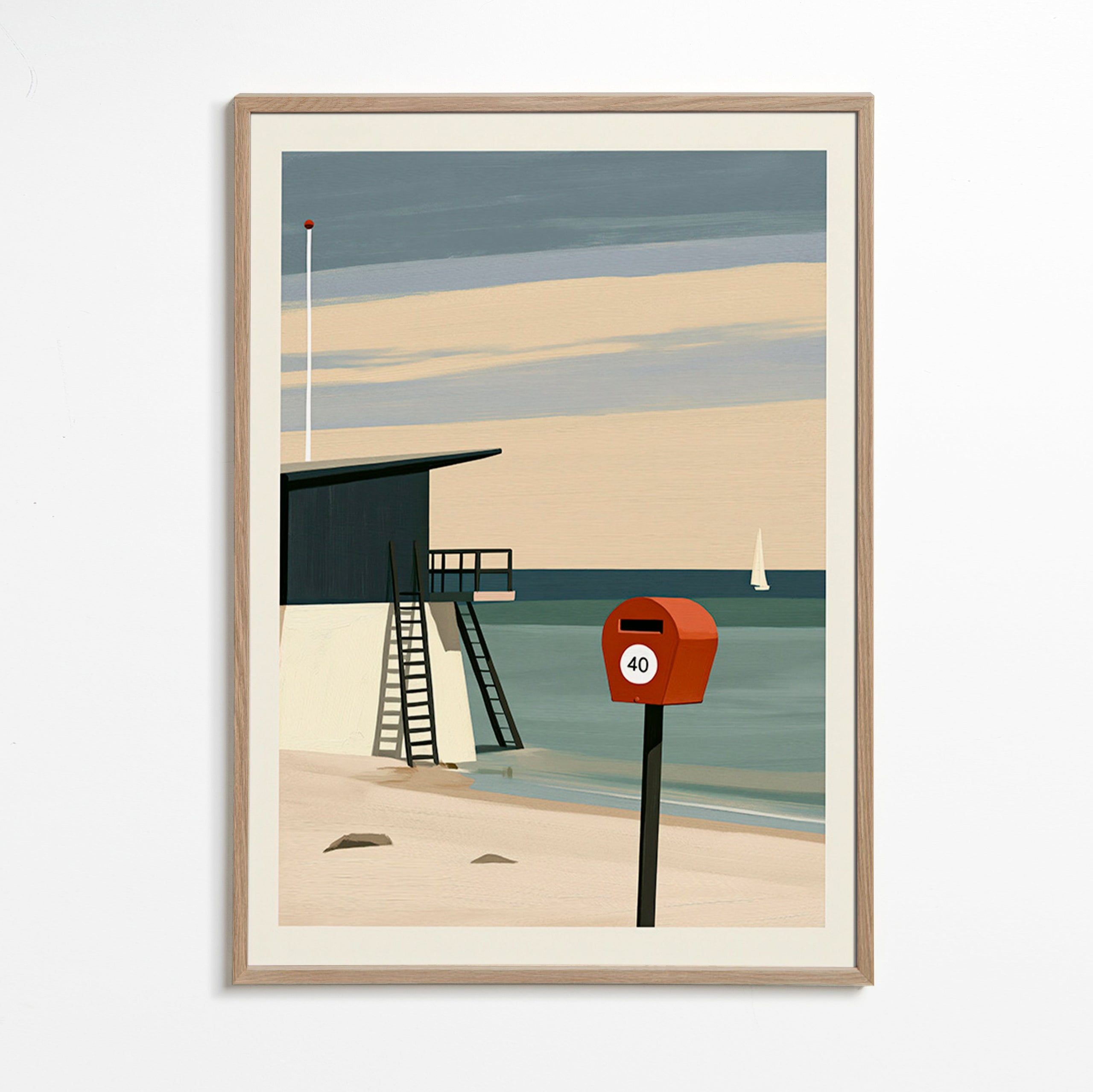 Landscape art with lifeguard hut and red postbox