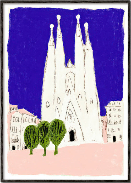 Travel poster Sagrada Familia night sketch