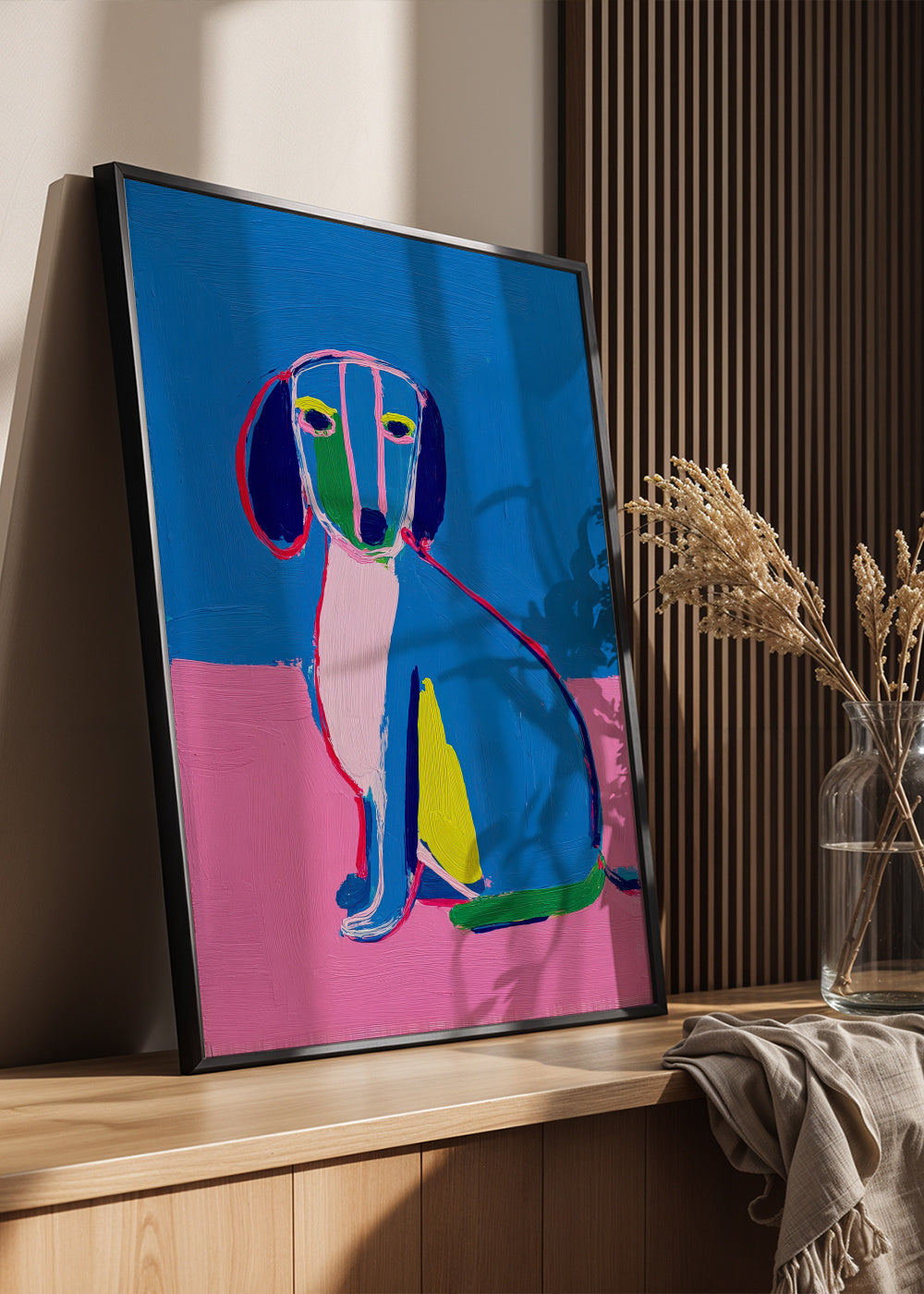 Neon Dog - Framed poster in an interior