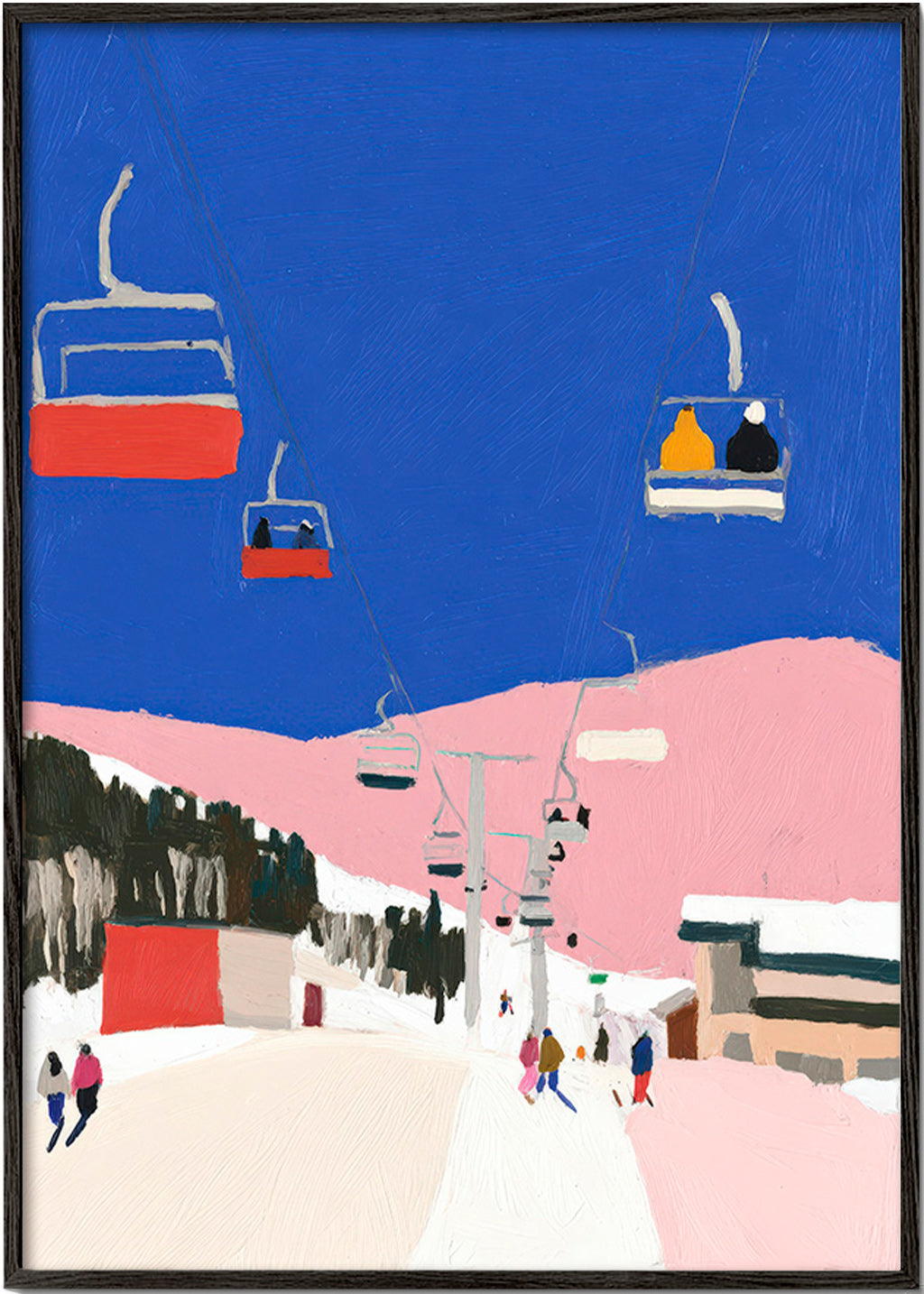 Landscape art with ski lifts against blue sky
