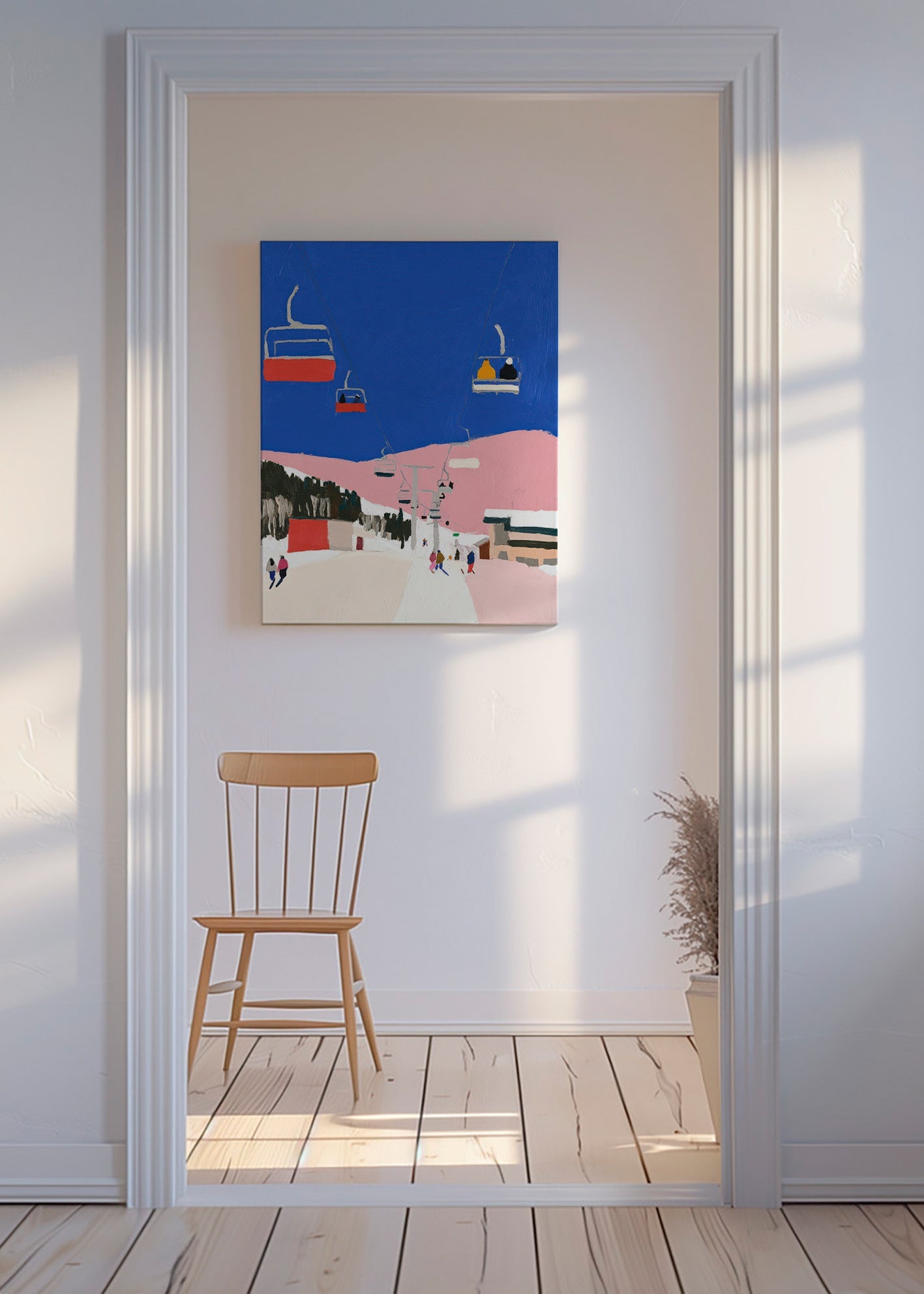 Landscape art with ski lifts against blue sky