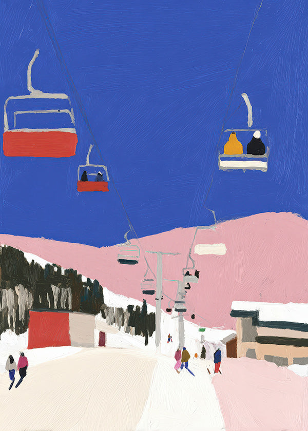 Landscape art with ski lifts against blue sky
