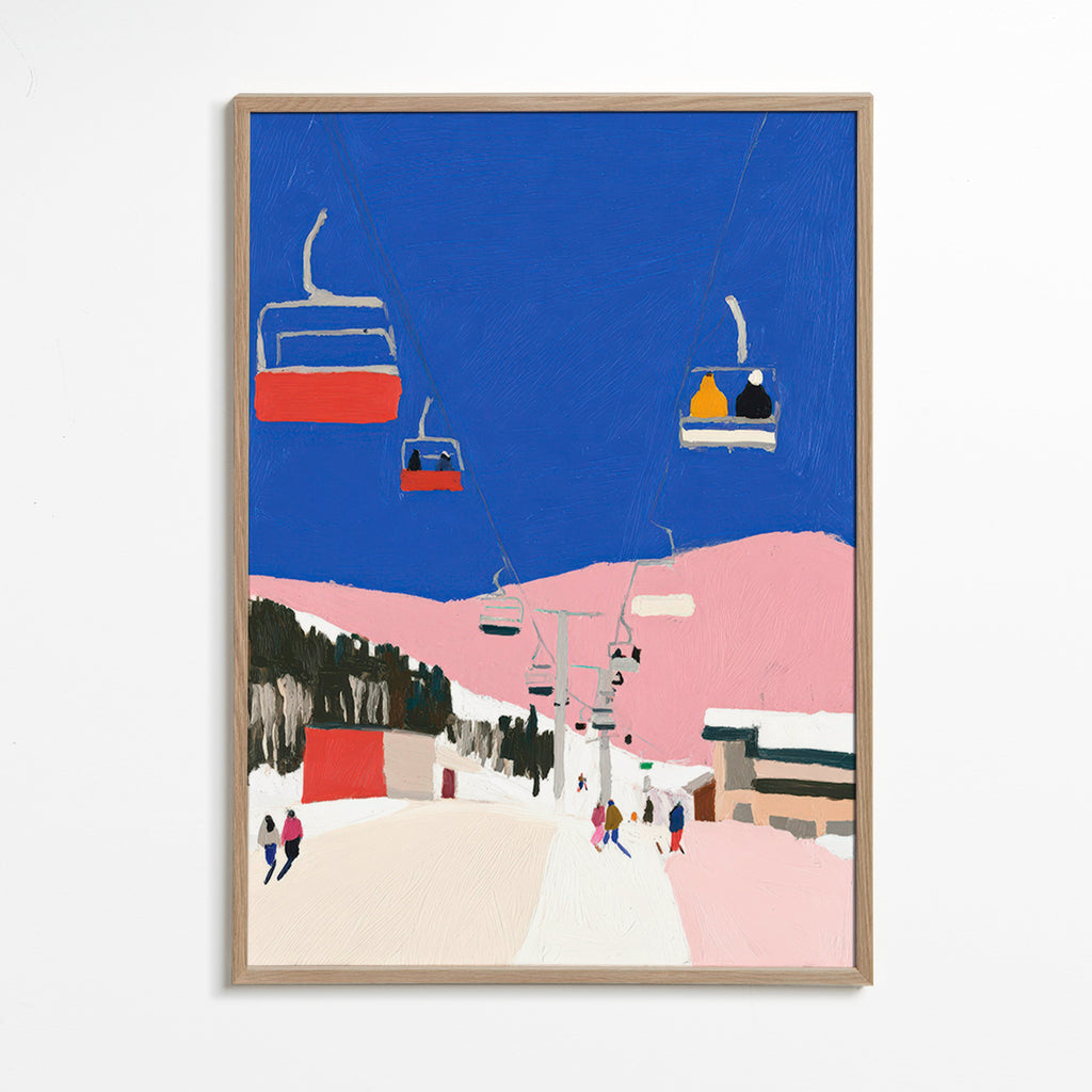 Landscape art with ski lifts against blue sky