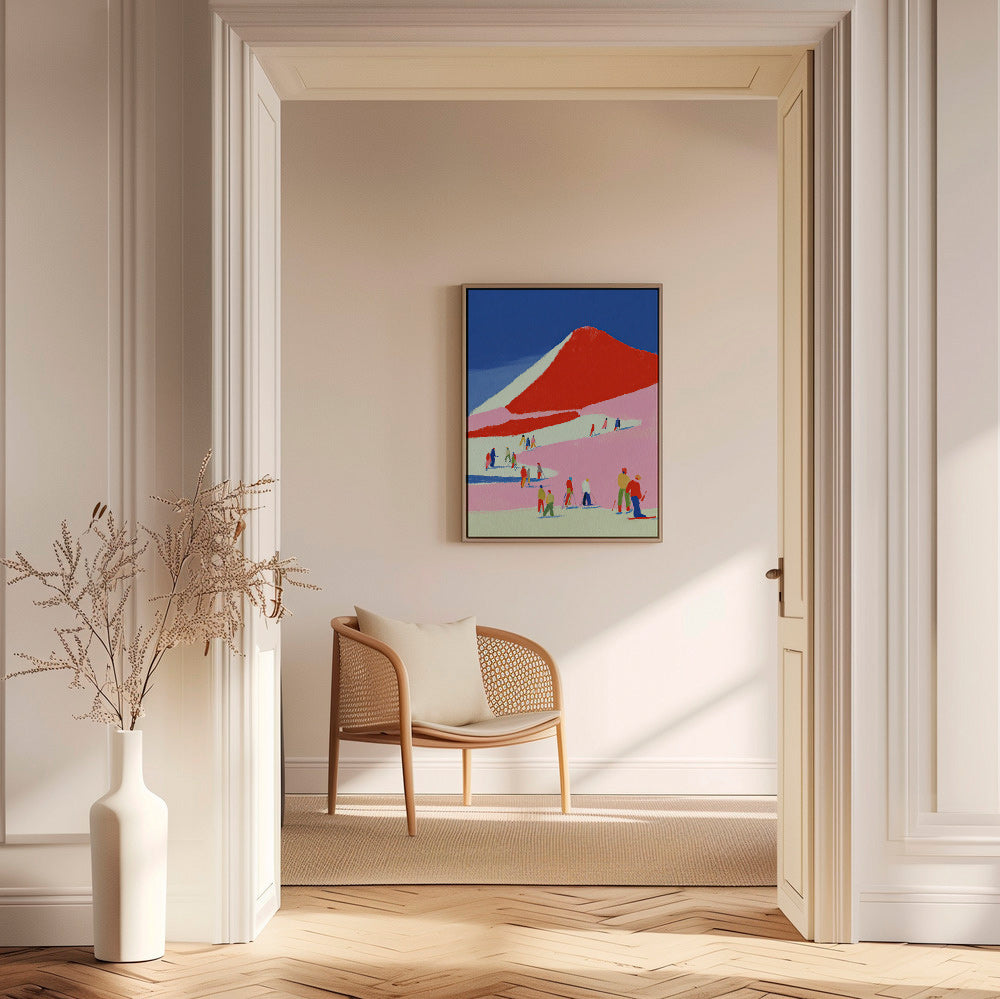 Landscape art: red mountain with skiers