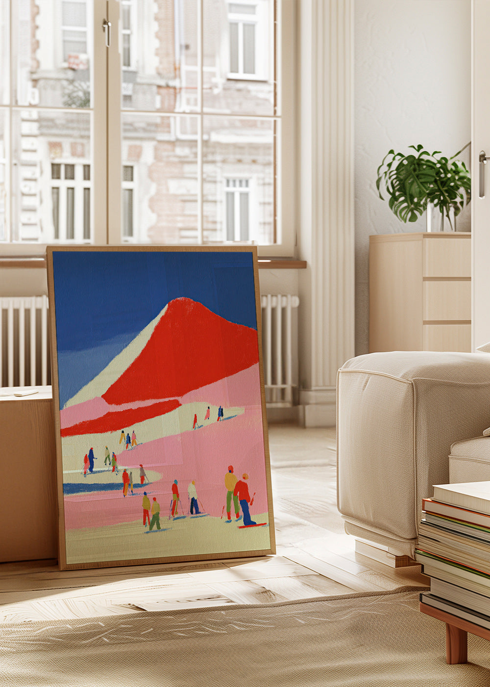 Landscape art: red mountain with skiers