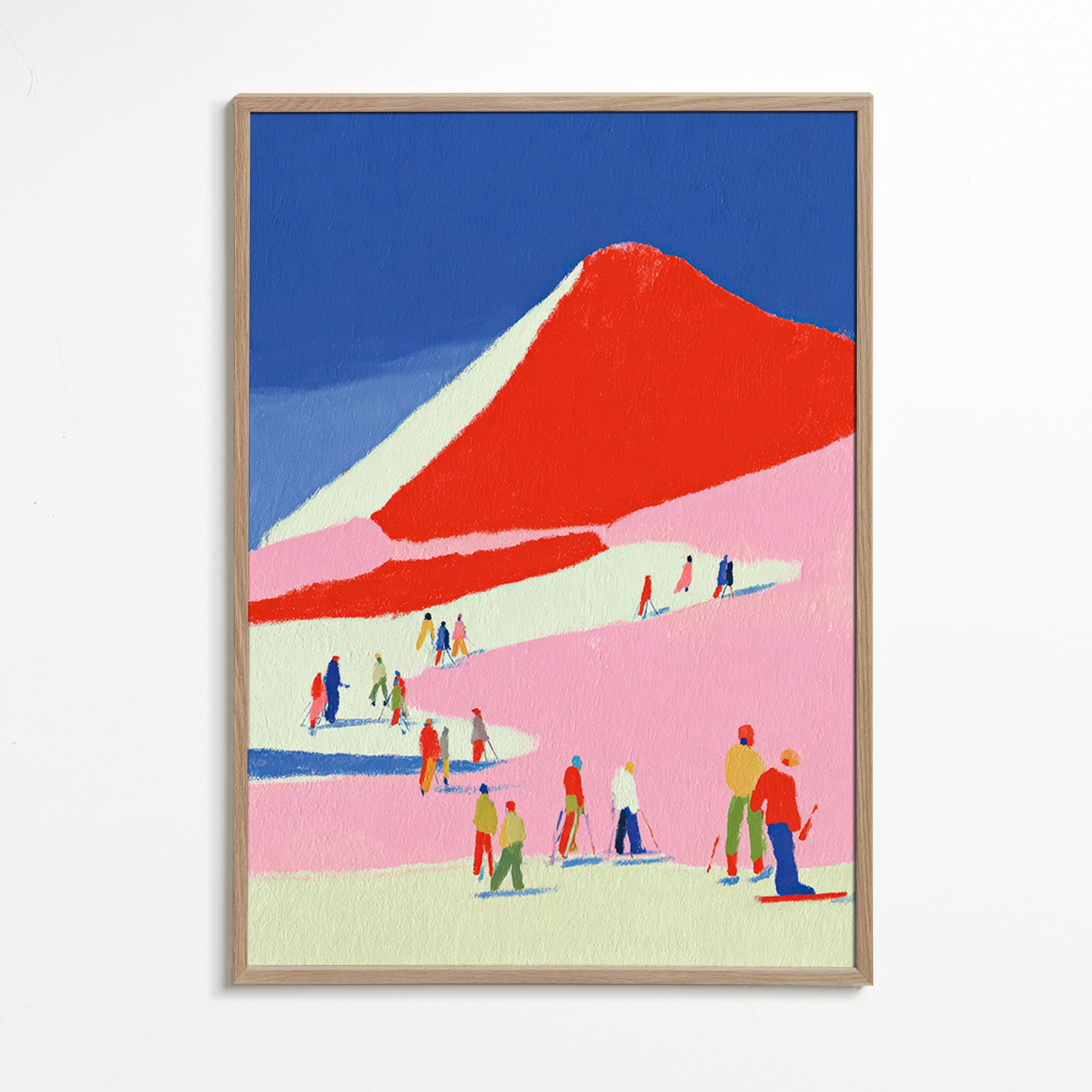 Landscape art: red mountain with skiers