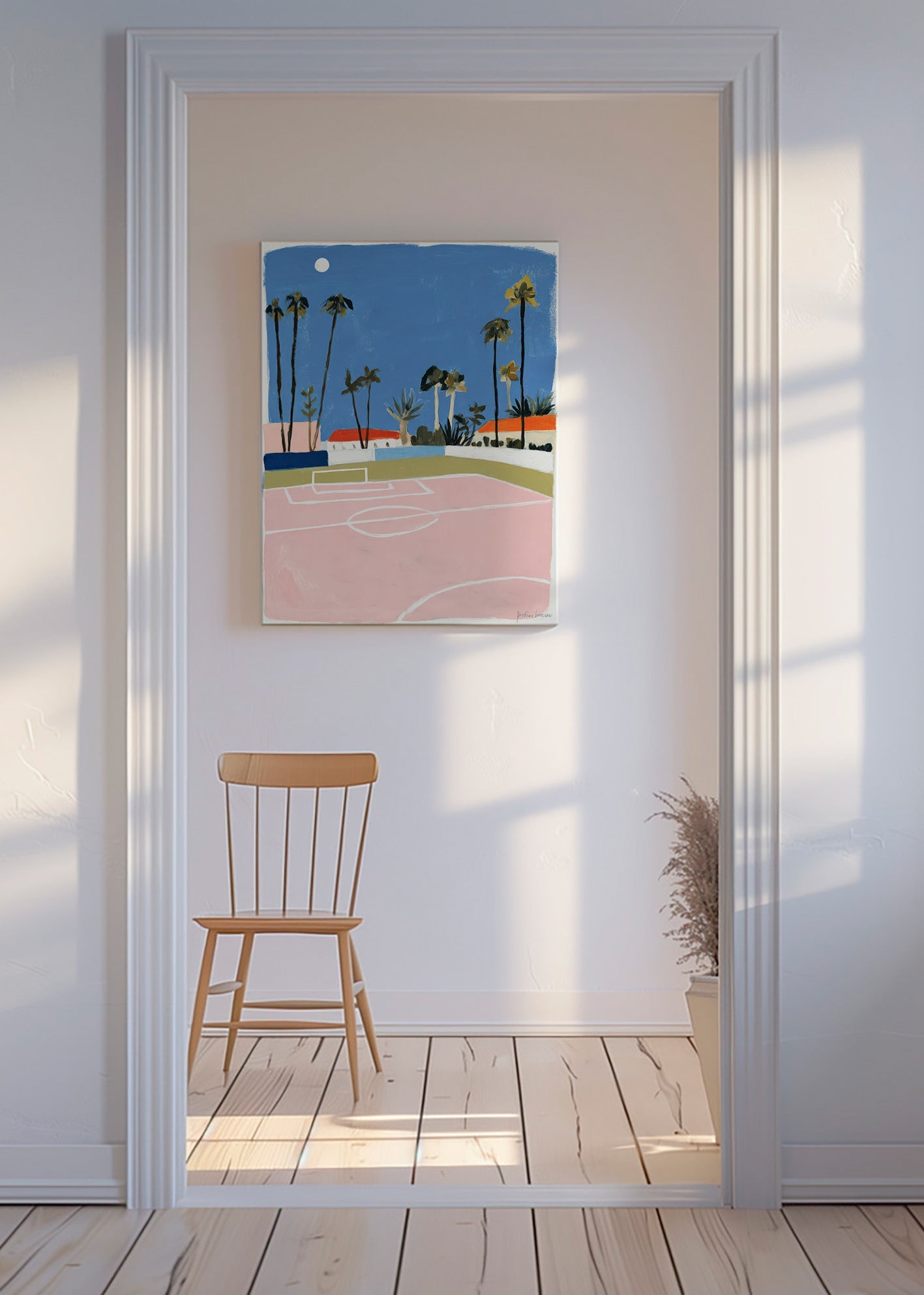Sports art: pitch framed by palms