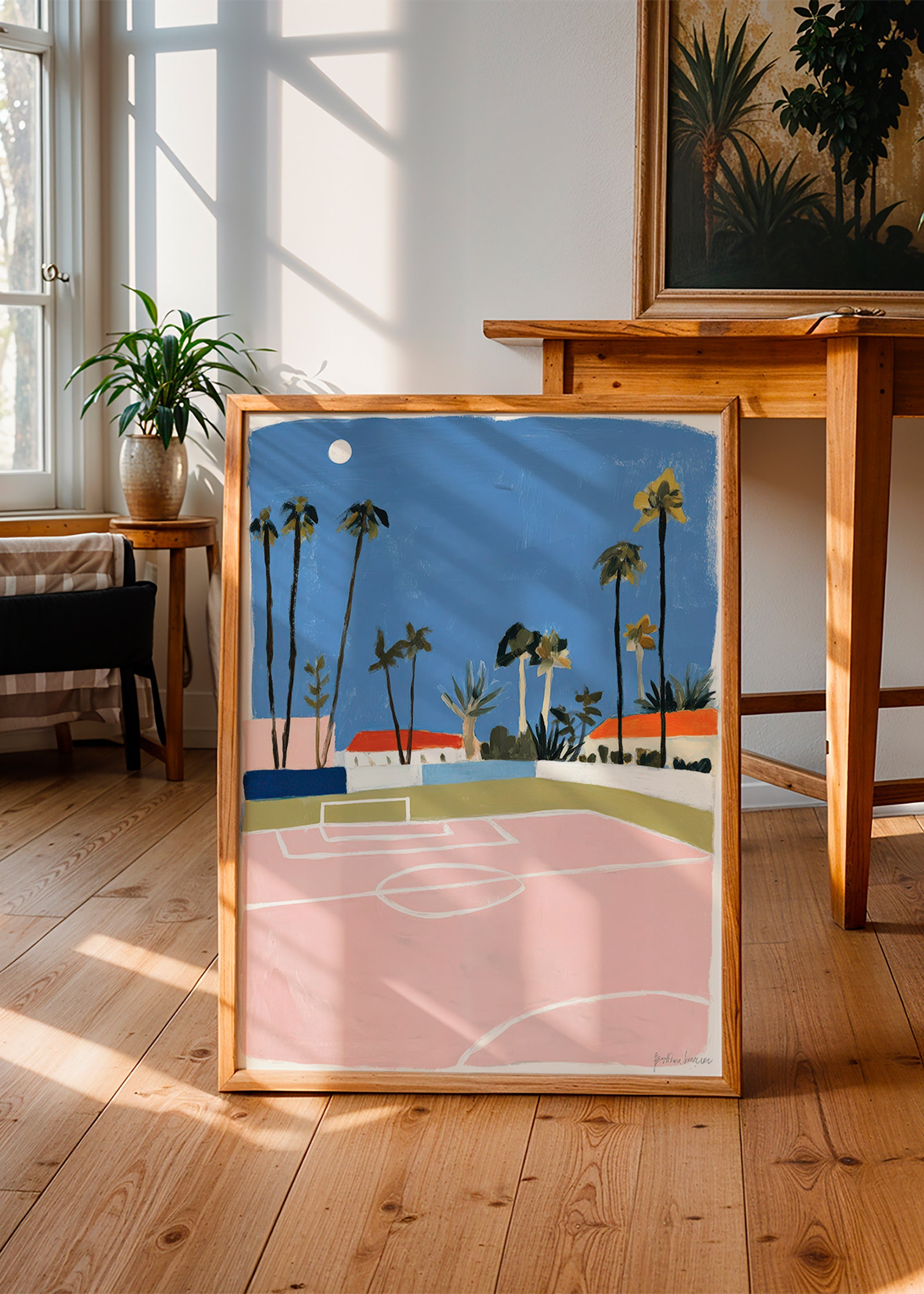 Sports art: pitch framed by palms