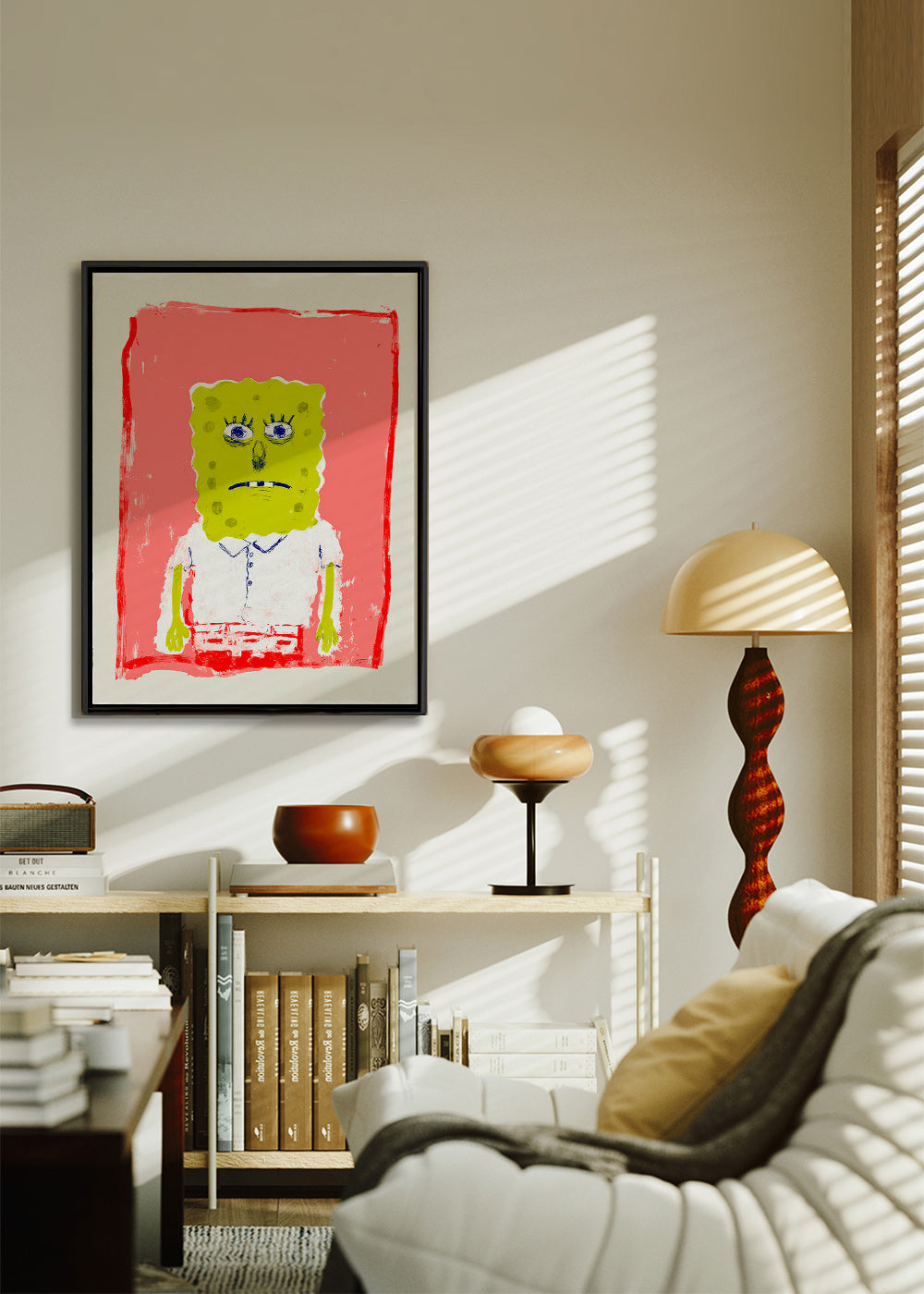 Sponge character illustration on pink background