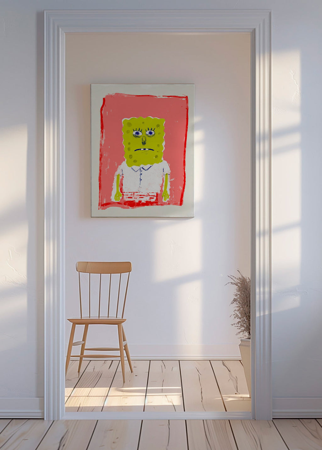 Sponge character illustration on pink background