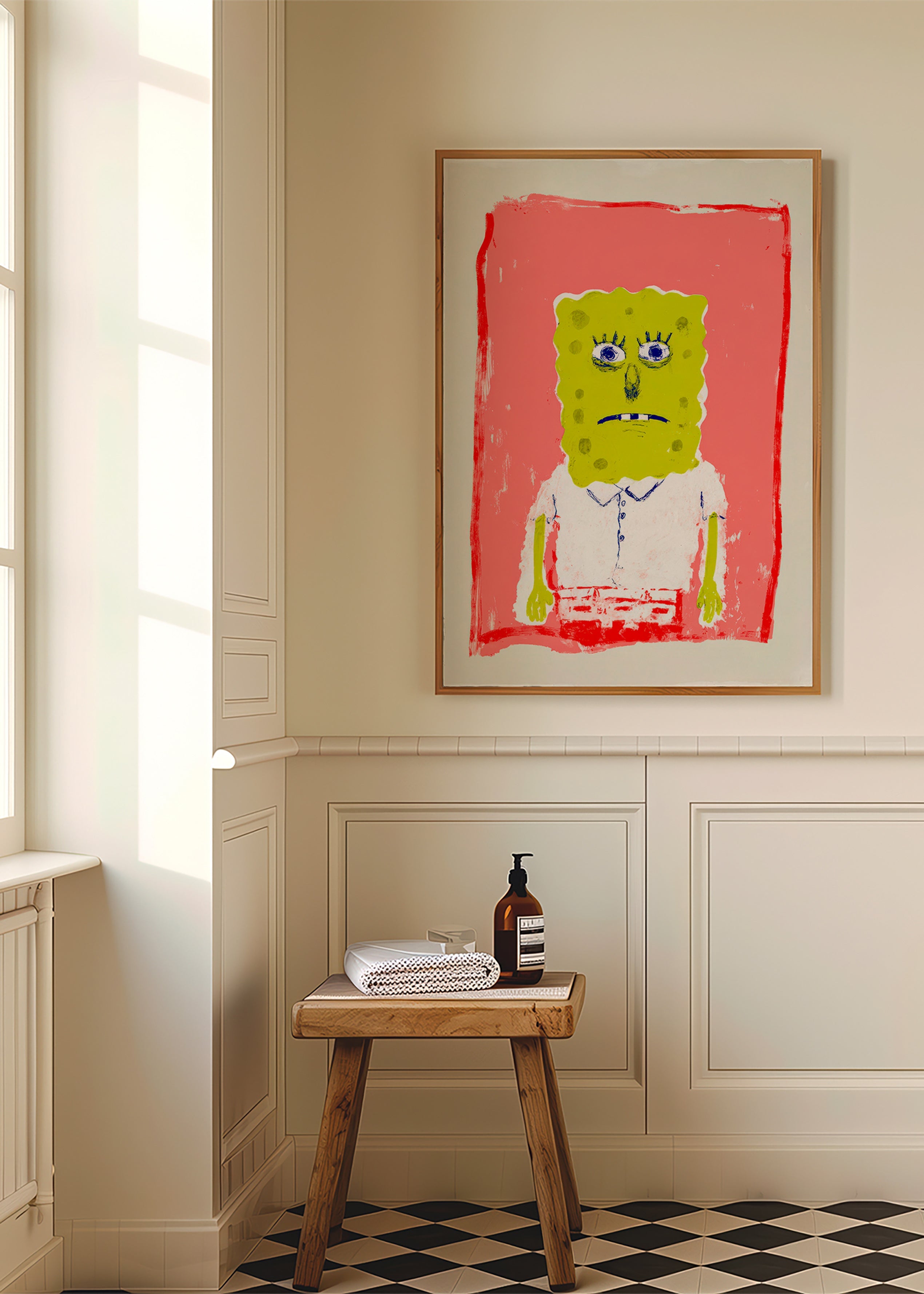 Sponge character illustration on pink background