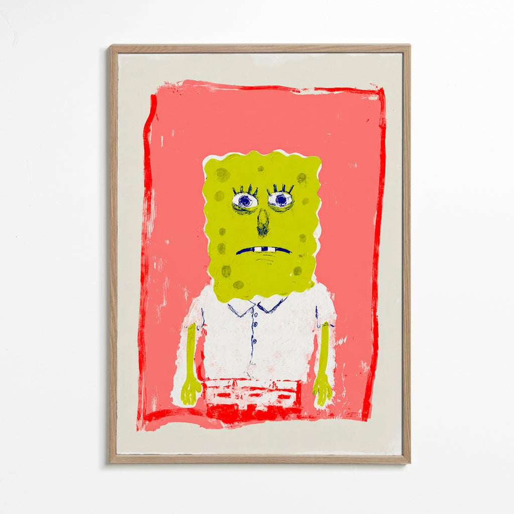 Sponge character illustration on pink background