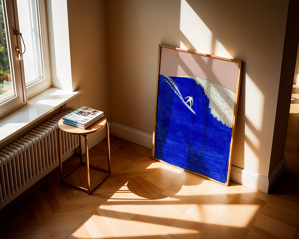 Surf art: surfer on an intense blue wave
