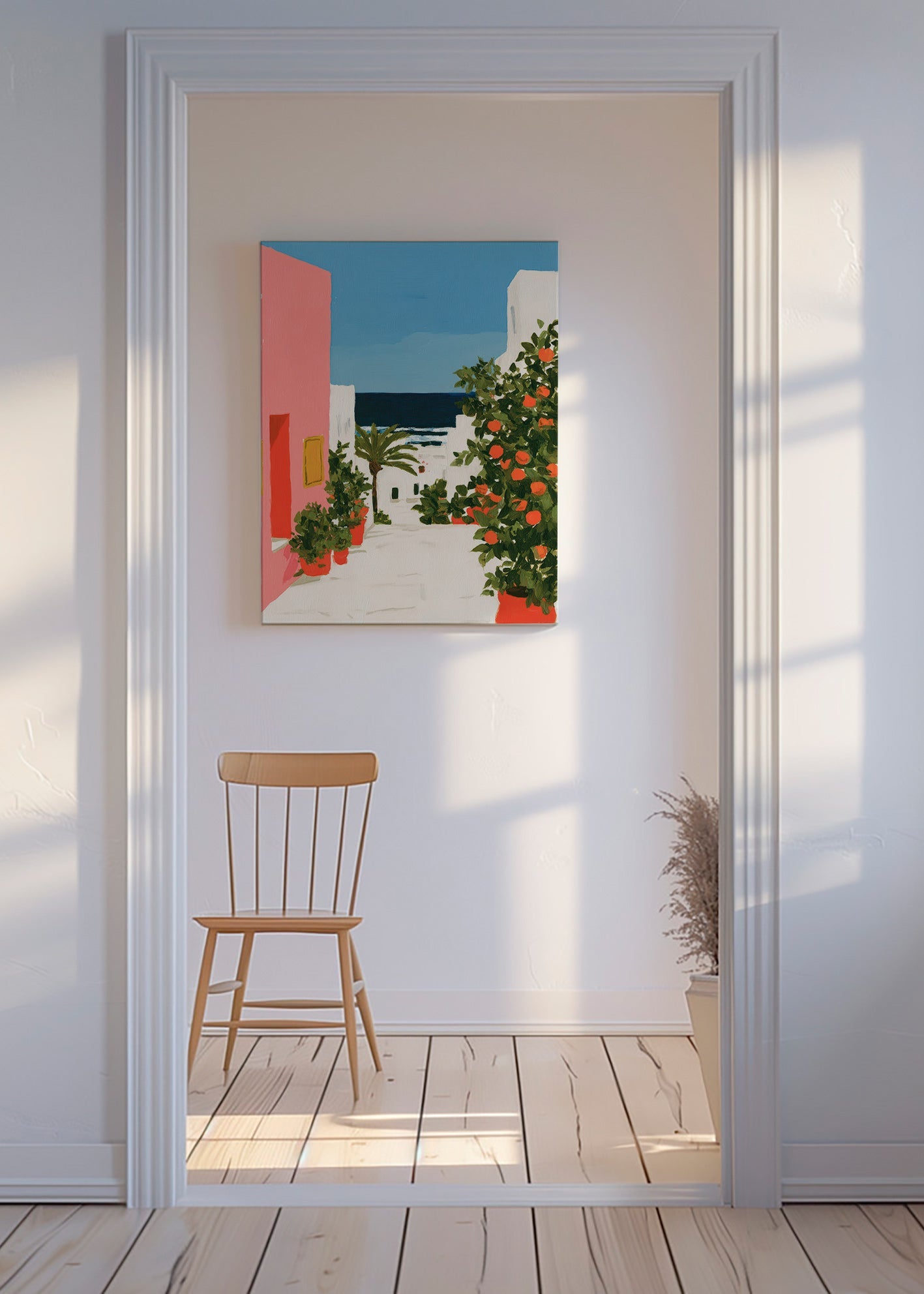 Landscape art: coastal alley with orange trees