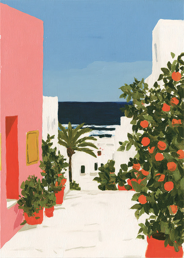 Landscape art: coastal alley with orange trees