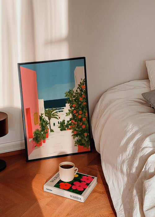 Landscape art: coastal alley with orange trees